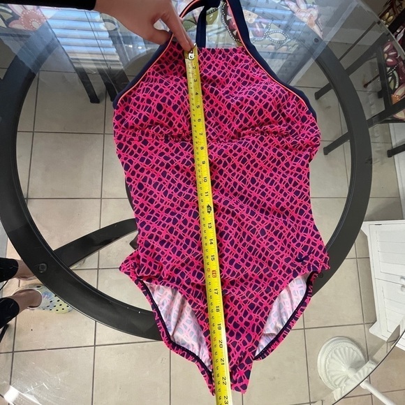 Nike One Piece Halter Top Swimsuit geometric Pink and Blue, Athletic Size Medium - Picture 9 of 11